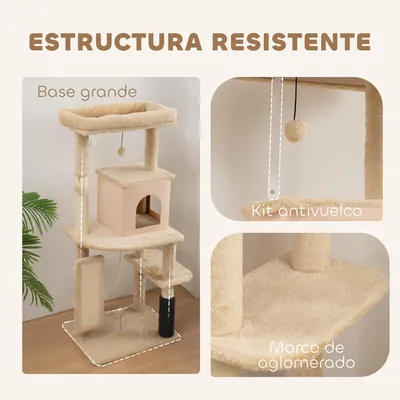 Image de Arbre à chat - Tour d'escalade avec poteaux à gratter - 44x34x104 cm - Plusieurs niveaux - Avec brosse, balles suspendues et tapis à gratter - Beige