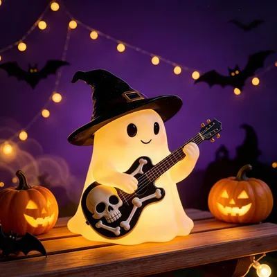 Produktbild von Halloween-Geist-Statue Nachtlicht, niedlicher Gitarrist, 3D-LED-Nachtlicht, Deko-Statue, USB-betriebene, 14 cm