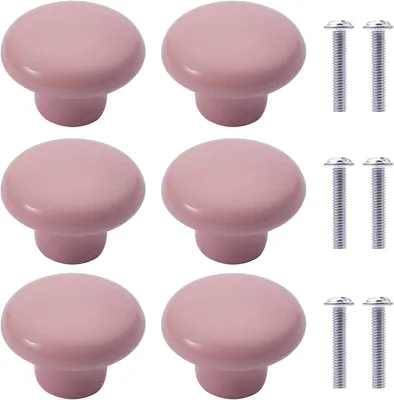 Productafbeelding van Keramische Meubelknoppen 6 Stuks, Ronde Lichtroze Knoppen, Inclusief Schroeven, voor Kinderkamer