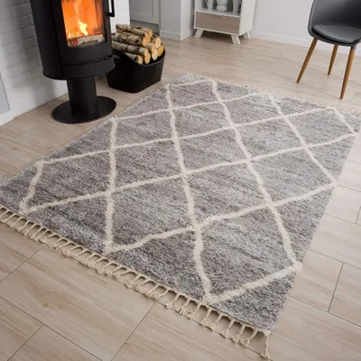 Produktbild von Teppich Wohnzimmer Schlafzimmer Grau Beige Hochflor Langflor Fransen Boho Karo 120 x 170 cm