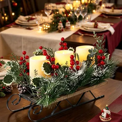 Weihnachtstafel-Deko, Schlittenform mit LED-Kerzen, batteriebetrieben