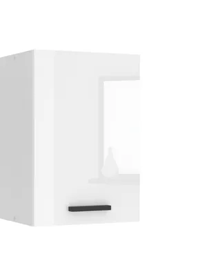 A white kitchen cabinet with a black handle.