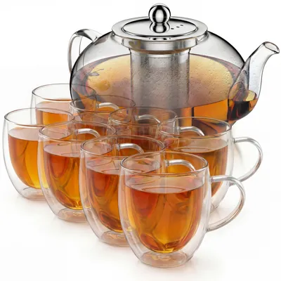Produktbild von Arendo Teekanne Glas 1,2 l in runder Form, Edelstahlsieb und 8 Thermogläsern 350 ml, doppelwandige Gläser mit Henkel, Glaskanne, Teeset, 10 Teile, transparent-silber