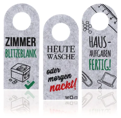 Produktbild von FunX Filz Türanhänger Türschild 3er Set "Zimmer aufräumen", "Wäsche waschen", "Hausaufgaben machen" - 19,5 x 8 cm