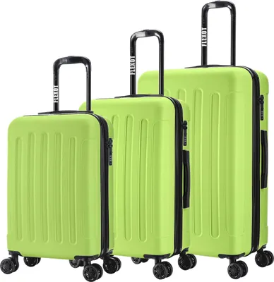 Three green suitcases of varying sizes arranged diagonally on a white background.