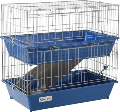Produktbild von PawHut Klec pro malá zvířata Klec pro hlodavce s příslušenstvím Stabilní klec pro malá zvířata Dvoupatrová plastová kovová modrá+šedá 72 x 44 x 67 cm