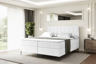 Produktbild von ALTDECOR  Boxspringbett mit Schwarz Füßen, Matratze und Lattenrost, Boxbett, Topper, Polsterbett mit Bettkasten, Bett mit Stauraum H4-Matratze, Doppelbett - OTTA-FC- 140x200 - Weiß Kunstleder
