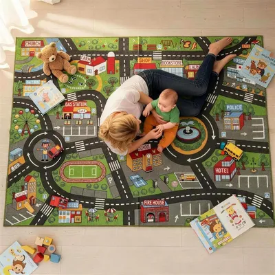 Produktbild von Krabbelmatte Baby 200x150 cm rutschfest, Spielmatte mit Stadtmotiv, Grau