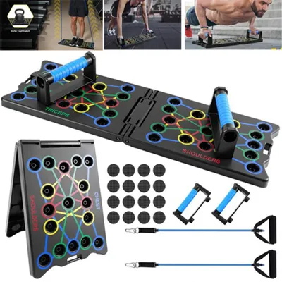 Produktbild von Multifunktionales Liegestützbrett - 24-in-1 - Mit Griffen und Trainingsseilen - Brust-, Schulter- und Trizepstraining - Krafttraining - Schwarz