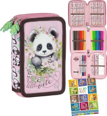 Produktbild von Goldkids - Federmäppchen 3 Fächer - Mäppchen für Mädchen und Jungen - Federmappe 3-Fach Federtasche Gefüllte Schüleretui Schulmäppchen - Panda Motiv