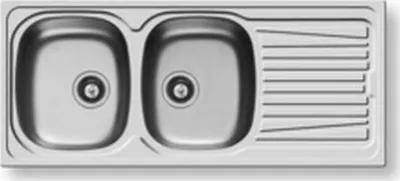 A top-down view of a stainless steel double sink with a drainboard.