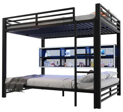 Immagine prodotto di Letto a castello - Struttura in metallo - 140 x 200 cm - 6 contenitori portaoggetti - Illuminazione a LED - Ringhiera di sicurezza - Colore: nero