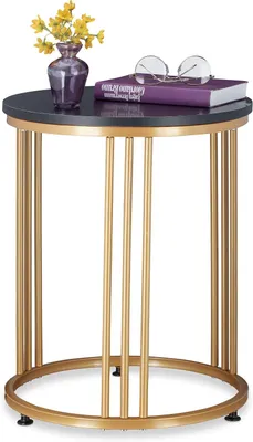 Productafbeelding van Bijzettafel MARMO - Rond - Metaal & MDF - Marmerlook - Salontafel HxD: 51x41 - Zwart - Goud