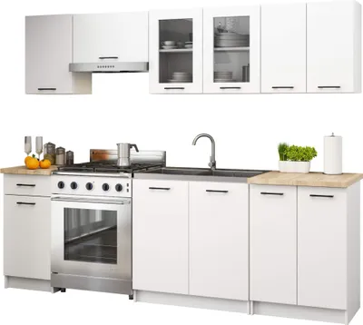 Produktbild von Küchenzeile 240cm mit Vitrine Arbeitsplatte 11 Türen 1 Schublade 7 Einheiten Matt