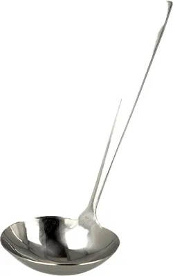 A silver ladle on a white background.