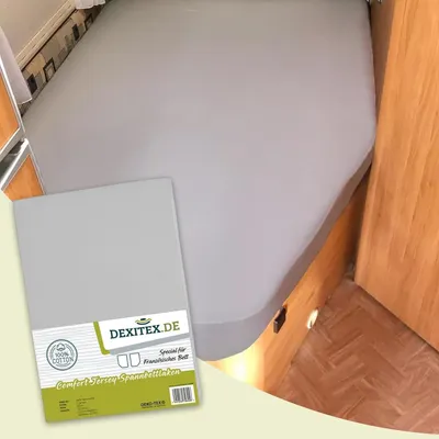 Produktbild von Dexitex Jersey Spannbettlaken für Französisches Bett – Wohnmobil & Wohnwagen, Rechte Ecke – 100% Baumwolle, Grau – 1 Stück