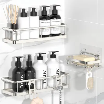 Produktbild von Duschablage ohne Bohren 3-teilig Silber Rostfrei mit Haken und Seifenschale