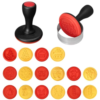 Produktbild von Weihnachtsplätzchen-Stempelset, Plätzchenformstempel mit Griff, Formring und 8 Reliefmotiven für Fondantdekorationen, Küchenbacken