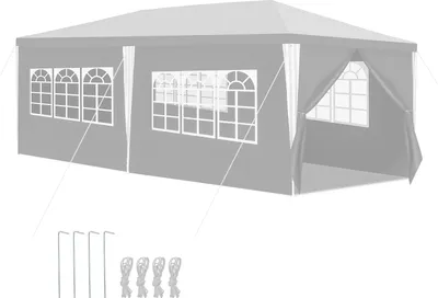 A grey tent with windows and accessories shown below.
