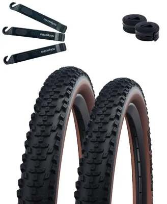 Produktbild von 2 x Schwalbe Smart Sam Fahrradreifen Performance ADDIX E-25 Bronze Sidewall 60-584 (27.5 x 2.35") + 2 x Schwalbe Schläuche AV19 inkl. maxxi4you Reifenheber