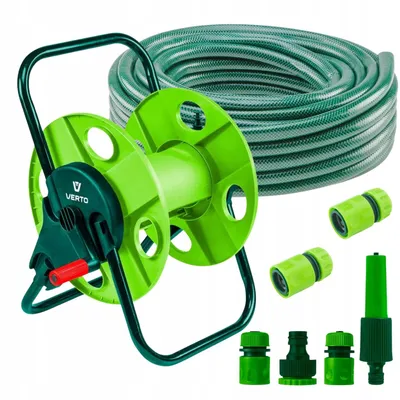 Produktbild von VERTO Schlauchtrommel + Gartenschlauch 20m + Wasserspritze + 3 x Schlauchverbinder, Wasserstop, Hahnverbinder