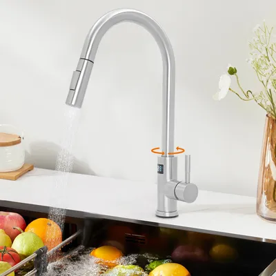 Produktbild von 360° drehbarer Wasserhahn, LED-Temperaturanzeige, langlebiger Edelstahl, Silber
