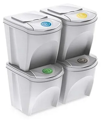 Produktbild von BirnePower Mülltrennsystem 4-fach 100L - 4x25L Sortibox Weiß, Stapelbar, Abfalleimer aus Kunststoff, Farbige Deckel, Mülltrenner für die Küche