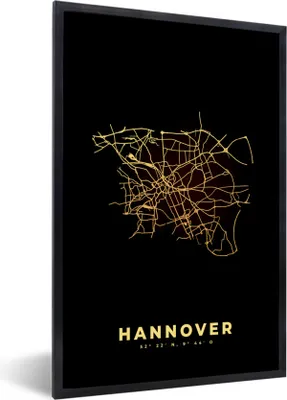 Produktbild von MuchoWow® Gerahmtes Poster Hannover - Gold - Karte - Stadtplan - Grundriss 20x30 cm - Poster mit Schwarzem Bilderrahmen Wandposter Rahmen Foto Bilder - Drucken - Bilder Poster im Rahmen