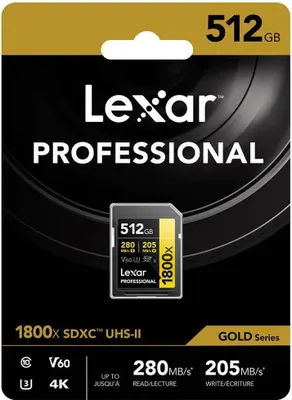 The image shows the packaging of a Lexar Professional 1800x 512 GB SDXC UHS-II memory card.