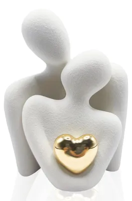 Keramik-Paarfigur mit goldenem Herz, 12 cm, weiß, modern