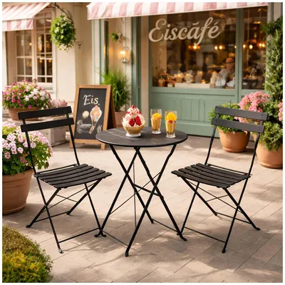 Produktbild von Bistro Sitzgruppe Metall Schwarz klappbar Tisch mit 2 Stühlen Balkon Set