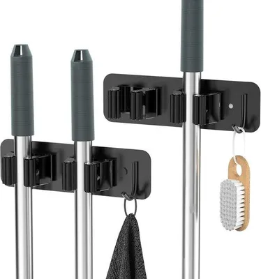 Produktbild von Famanu Besenhalter Set zur Wandmontage – Selbstklebend ohne Bohren, robust – Für Küche, Bad und Garten (schwarz)