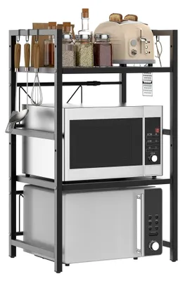 Produktbild von Verstellbares Mikrowellenregal, 3-stufiger Mikrowellenständer mit 6 Haken, Breite 40-60 cm, Metall-Aufbewahrungshalter für die Küche