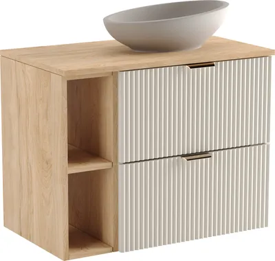A bathroom vanity with a sink on top, against a white background.
