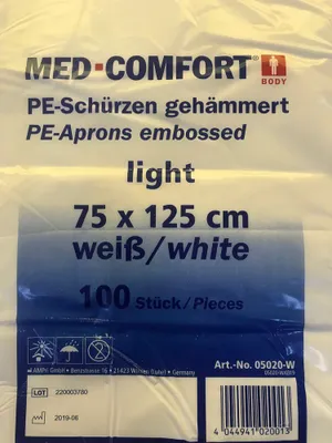 Zdjęcie produktu dla Fartuch jednorazowy, fartuchy jednorazowe PE, biały, 75 x 125 cm, opakowanie jednostkowe = 100 sztuk
