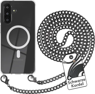 Produktbild von EAZY CASE Handykette kompatibel mit Samsung Galaxy A26, Kette zum Umhängen aus Metall, Silikonhülle mit Band, stoßfest, mit MagSafe in Grau