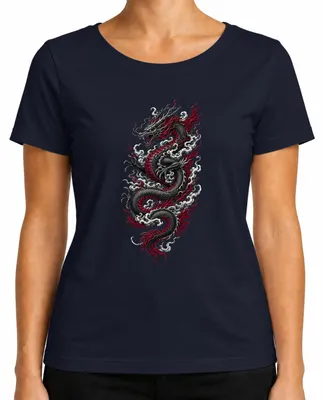 Imagen del producto de Camiseta para mujer con diseño de dragón japonés, estilo asiático, colores rojo y , temática japonesa, estilo Y2K, color azul marino, talla L