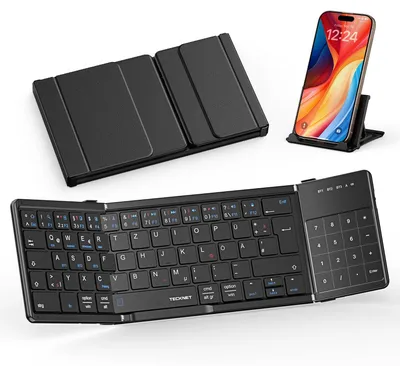 Produktbild von TECKNET Bluetooth Tastatur Faltbare mit Touchpad, QWERTZ Deutsch, Schwarz