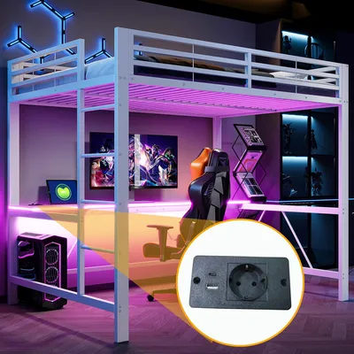 Produktbild von Merax Etagenbett 140x200 cm, Gaming-Metall-Hochbett mit LED-Beleuchtung, USB-Ladestation und Schreibtisch, Stockbett, Kinderbett, Jugendbett, Weiß