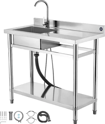 Zdjęcie produktu dla Zlewozmywak ze stali nierdzewnej SucceBuy (100 x 50 x 94 cm), jednokomorowy z kranem i półką, zlewozmywak kuchenny do garażu, restauracji lub pralni, zlewozmywak zewnętrzny z blatem (prawy)