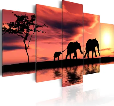 Produktbild von Leinwandbilder Afrika 200x100 cm Vlies Leinwandbild 5 tlg Kunstdruck modern Wandbilder XXL Wanddekoration Design Wand Bild - Savanne Tiere Elefant Baum Sonnenuntergang 030213-15