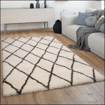 Produktbild von Hochflor Teppich Wohnzimmer Shaggy Langflor Skandinavisches Rauten Muster Modern Grösse 80x150 cm