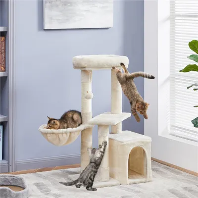 Three cats playing on a beige cat tree in a room with a window and blinds.