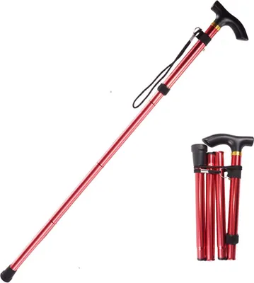 Produktbild von Unisex Faltbar Gehstock Klappbar Bergstock Leichtgewichtiger Canes Höhenverstellbarer Gehstock Sticks, Handschlaufe Stock Wandern, Spazierstock(rot)