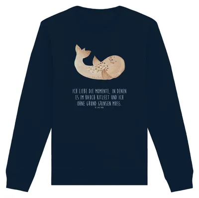 Produktbild von Mr. & Mrs. Panda Baumwoll Pullover Robbe Liegen Größe M - French Navy - Geschenk, Seehund, Nordsee, Pulli, Sweater, Lustige Sprüche, Sweatshirt, Ostsee, Meerestier