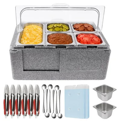 Pizza-Topping-Station, 7 Pannen, Salatbar, isoliert, mit Kühlakkus