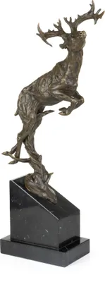 Produktbild von Bronzeskulptur röhrender Hirsch aus Bronze auf Marmorsockel 52 cm plastische Tierfigur mit detailreicher Ausarbeitung als Kunstobjekt für Wohnraum