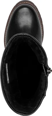 A top-down view of a black boot.