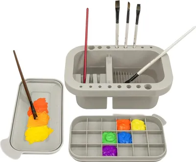 Image de Nettoyeur de pinceaux, porte-pinceaux et rangement avec palette pour peintures acryliques, aquarelles et à base d'eau, beige