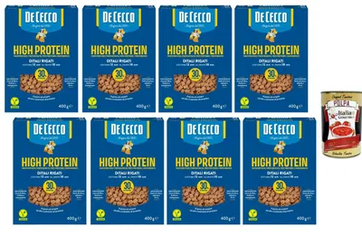 Produktbild von De Cecco Italian Gourmet Bundle 8x De Cecco High Protein Ditali Rigati 400g + Italian Gourmet Polpa, proteinreiche Pasta mit 30% Protein, vegan, reich an Ballaststoffen, 3,2kg Vorratspack